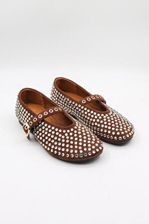 KristeBell İthal Özel Seri Kadın Taşlı Süet Deri Babet KB1020 - Kahve - 36