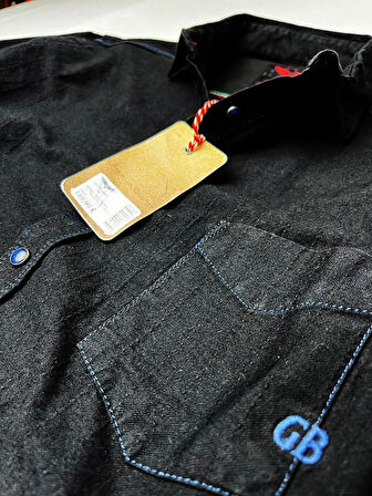 Slim Fit Saf Pamuk Denim Kumaş Kot Gömlek--koyulacivert---