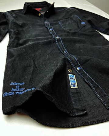Slim Fit Saf Pamuk Denim Kumaş Kot Gömlek--koyulacivert---