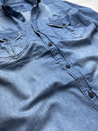 Slim Fit Saf Pamuk Denim Kumaş Kot Gömlek--çiftcep mavi--