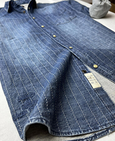 Slim Fit Saf Pamuk Denim Kumaş Kot Gömlek--laci çizki eskitme-