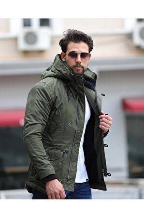 alaska slim fit su ve soğuğa dayanıklı  kapüşonlu kısa parka kaban--haki--