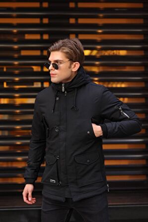 Slim Fit Siyah Oxford Kumaş Parka