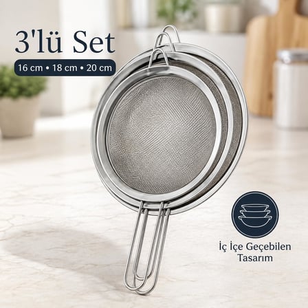 ARVALE 3’lü Paslanmaz Çelik Süzgeç Seti 16-18-20 cm – İnce Gözenekli Metal Mutfak Süzgeci, Un Eleği, Makarna ve Sebze Süzme Aparatı