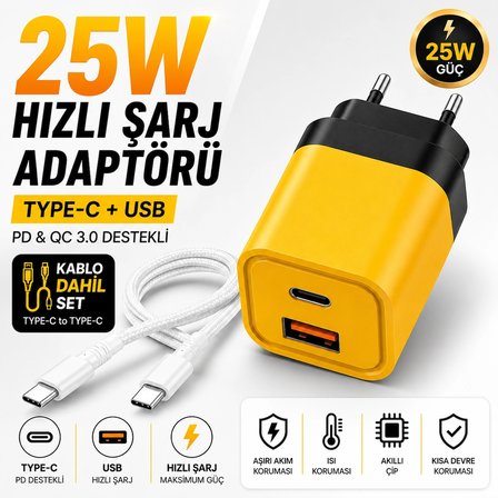 25W Hızlı Şarj Adaptörü + Type-C to Type-C Kablo Seti | PD & QC 3.0 Destekli | USB + Type-C Çift Giriş | Akıllı Koruma | Hızlı Şarj Aleti
