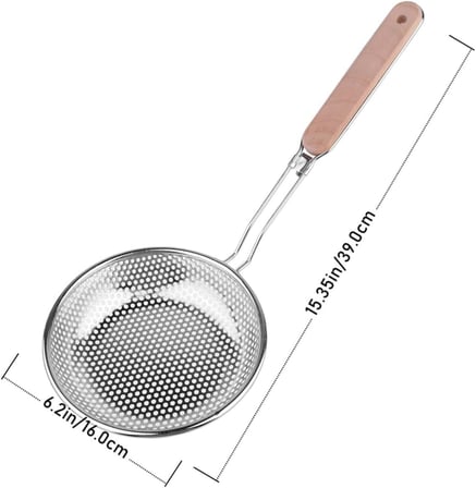 Ahşap Saplı Uzun Kulplu Çelik Kevgir – Paslanmaz Metal Süzgeç, Derin Gövdeli, Ergonomik Tasarım, Isıya Dayanıklı, Mutfak Gereci (14 Cm)