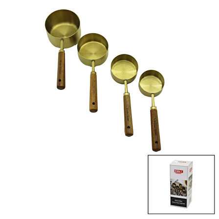4PCS  GOLD METAL ÖLÇÜ KAŞIK SET OTANTİK AĞAÇ KULP 1CUP: 250ML - 1/2 CUP: 125ML - 1/3 CUP: 80ML - 1/4 CUP: 60ML (2818)