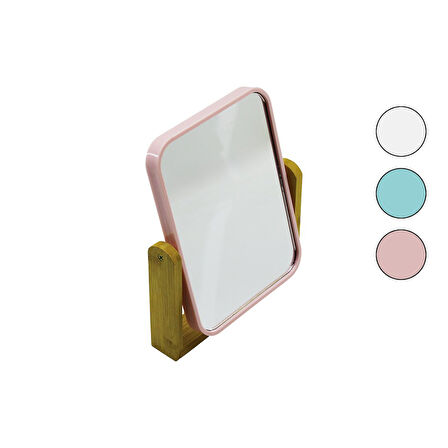 DİKDÖRTGEN=20.5X15.5CM AHŞAP BAMBU AYAKLI MAKYAJ AYNASI ÇİFT TARAFLI RENKLİ PLASTİK ÇERÇEVE (2818)