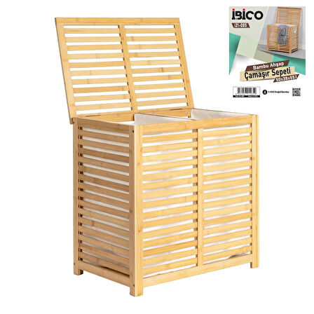 LAUNDRY BASKET 2 BÖLMELİ AHŞAP BAMBU KİRLİ ÇAMAŞIR SEPET KUMAŞ ÇANTALI SEPET=50X38X55CM (2818)