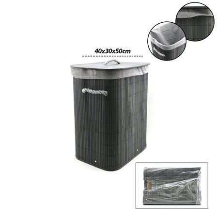 GRİ DİKDÖRTGEN 40X30CM - Y:60CM BAMBU AHŞAP KİRLİ ÇAMAŞIR SEPETİ SEYYAR KAPAKLI KUMAŞ ÇANTALI İP KULPLU (2818)