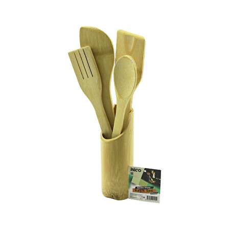 5PCS AHŞAP BAMBU MUTFAK SETİ STAND - KAŞIK - ÇATAL - 2 SPATULA FİLELİ (2818)