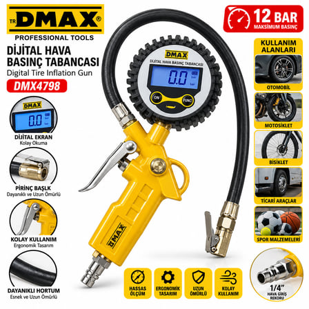DİJİTAL HAVA ÖLÇME - LASTİK ŞİŞİRME TABANCASI 12 BAR BASINÇLI - 1/4 REKOR DMX-4798 (2818)