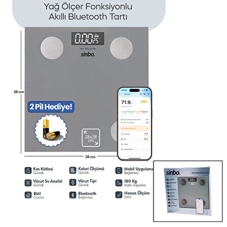 GRİ YAĞ ÖLÇER AKILLI BLUETOOTH CAM BASKÜL PİLLİ 180KG/50GR 28X28CM 8-KİŞİ HAFIZA LCD EKRAN ℃ GÖSTERGE SBS-4469 (2818)
