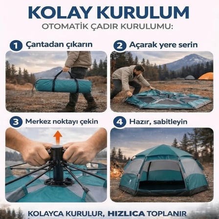 4 Kişilik Otomatik Kamp Çadırı – Altıgen Tasarım, Çift Kapılı, Suya Dayanıklı, Hızlı Kurulumlu Geniş Aile Outdoor Çadırı 240x240x160 cm (2818)