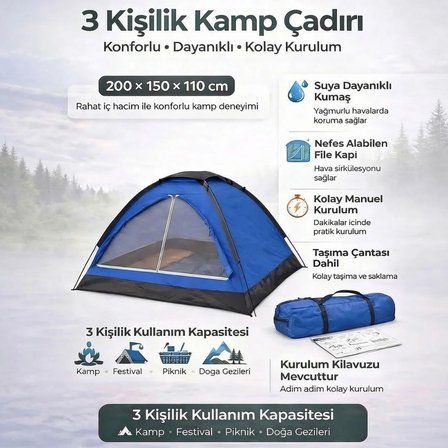 3 Kişilik Manuel Kamp Çadırı – Düz Kapılı Outdoor Aile, Doğa, Piknik ve Kamp Çadırı 200x150x110 cm (2818)
