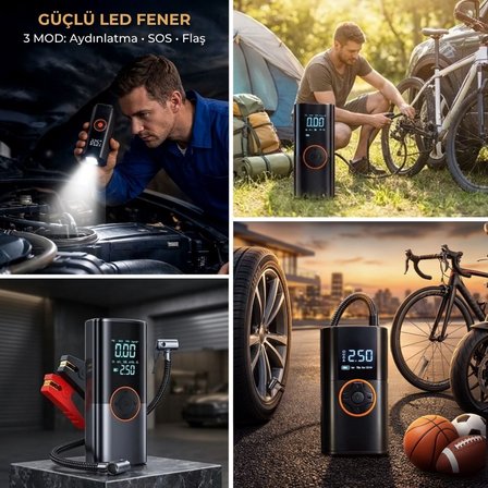 Akü Takviye Cihazı ve Lastik Şişirme Pompası – Powerbank Özellikli, Dijital Ekranlı SOS Fenerli Taşınabilir Kompresör (2818)