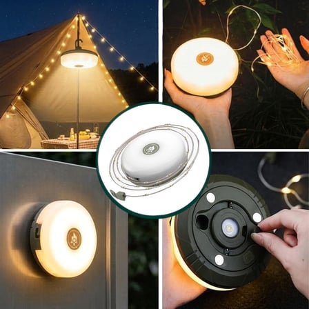 2’si 1 Arada 5 Farklı Işık Modlu Gün Işığı Şarjlı Kamp Lambası ve Makaralı 10 Metre Peri LED Işık – Su Geçirmez Mıknatıslı Aydınlatma Feneri (2818)