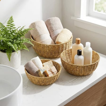 3’lü Plastik Rattan Çanak Seti – Hasır Görünümlü İç İçe Geçebilen Sunum ve Düzenleme Kaseleri, Mutfak &amp;amp; Masaüstü Çok Amaçlı Organizer (2818)
