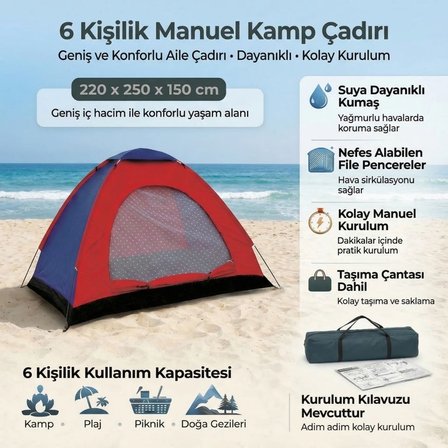6 Kişilik Manuel Kurulum Kamp Çadırı – Aile, Doğa, Piknik ve Outdoor Kamp Çadırı 220x250x150 cm (2818)
