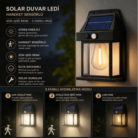 Ampul Model 3 Modlu Solar LED Duvar Lambası, Güneş Enerjili, Şarjlı Kablosuz Dış Mekân Apliği, Bahçe ve Kapı Lambası (2818)
