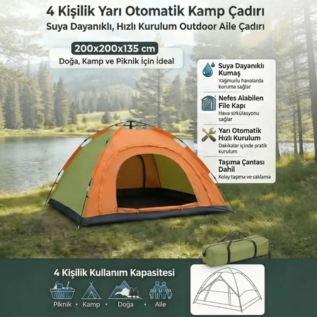 4 Kişilik Yarı Otomatik Kamp Çadırı – Suya Dayanıklı, Hızlı Kurulumlu Outdoor Aile Çadırı, Doğa, Kamp ve Piknik 200x200x135 cm (2818)