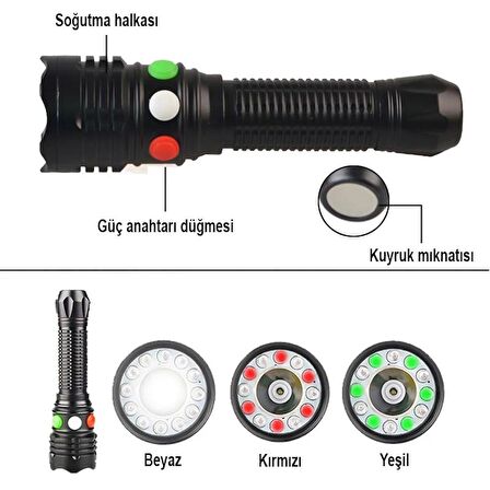 ŞARJ EDİLEBİLİR 3 WATT 3 RENKLİ LEDLİ EL FENERİ (2818)