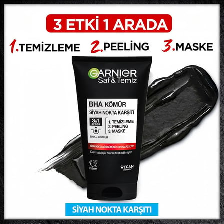 Garnier Skin Naturals Saf &amp; Temiz Siyah Nokta Karşıtı Kömürlü 3'ü 1 arada (1 x 150 ml)