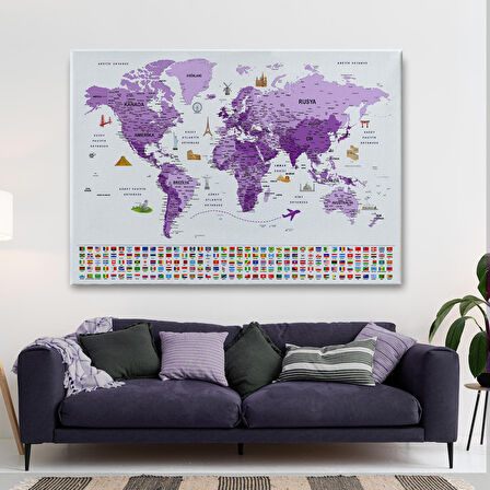 Harita Sepeti Türkçe Dünya Haritası Ayrıntılı Eğitici Sembollü Bayraklı Kanvas Tablo 2818