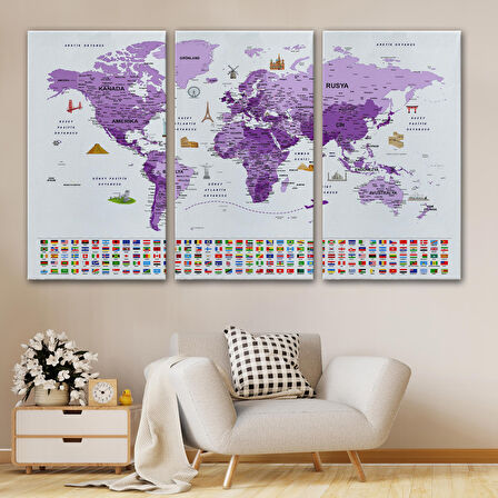 Harita Sepeti Türkçe Dünya Haritası Ayrıntılı Eğitici Sembollü Bayraklı Kanvas Tablo 2818