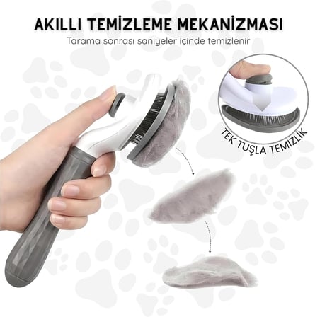 Kendini Temizleyen Kedi Köpek Tarağı - Basma Tuşu Mekanizmalı Otomatik Temizlenen Tüy Toplama Fırçası - Cilt Dostu Çelik İğne - Kaymaz Ergonomik Sap - Uzun Kısa Tüyler İçin - Füme