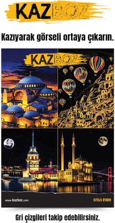 Kazboz Kazıma Sanatı, Türkiye Temalı Scratch Art Seti, 20x28,5 cm, Venedik, Kapadokya, İstanbul Manzaralı