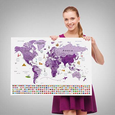 Harita Sepeti Dünya Haritası Ayrıntılı Eğitici Sembollü Bayraklı Dekoratif Kanvas Tablo 2819