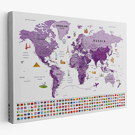 Harita Sepeti Dünya Haritası Ayrıntılı Eğitici Sembollü Bayraklı Dekoratif Kanvas Tablo 2819