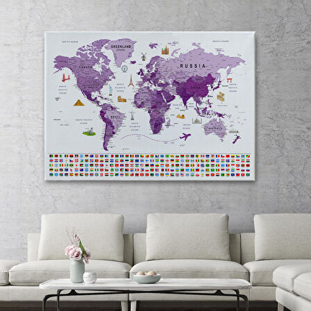 Harita Sepeti Dünya Haritası Ayrıntılı Eğitici Sembollü Bayraklı Dekoratif Kanvas Tablo 2819