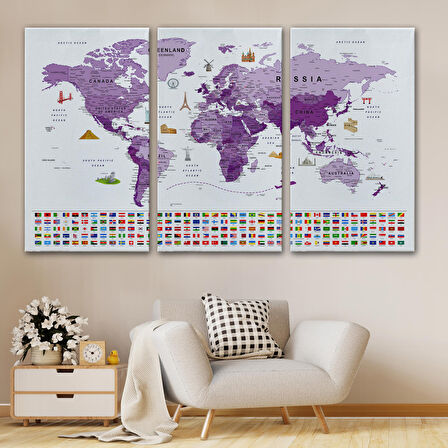 Harita Sepeti Dünya Haritası Ayrıntılı Eğitici Sembollü Bayraklı Dekoratif Kanvas Tablo 2819