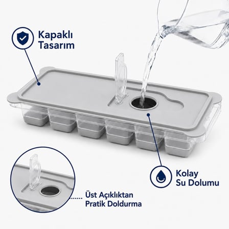 Kapaklı Plastik Buz Kalıbı Silikon Tabanlı 12li Buzmatik Kolay Çıkarılır ve Doldurulabilir Sızdırmaz Saklama Kabı