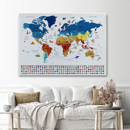 Harita Sepeti Türkçe Dünya Haritası Eğitici-Öğretici Sembollü Bayraklı Dekoratif Kanvas Tablo 2820