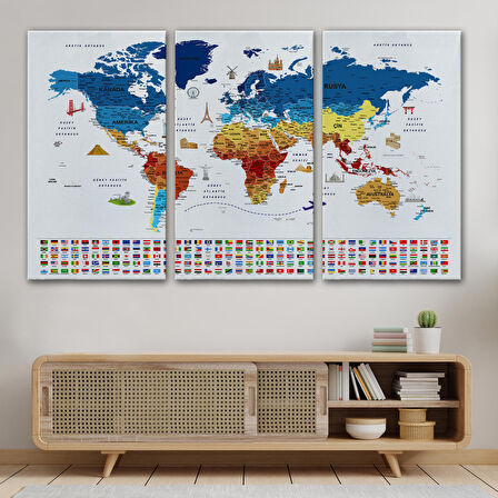 Harita Sepeti Türkçe Dünya Haritası Eğitici-Öğretici Sembollü Bayraklı Dekoratif Kanvas Tablo 2820