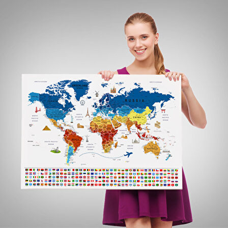 Harita Sepeti Dünya Haritası Ayrıntılı Eğitici Sembollü Bayraklı Dekoratif Kanvas Tablo 2821