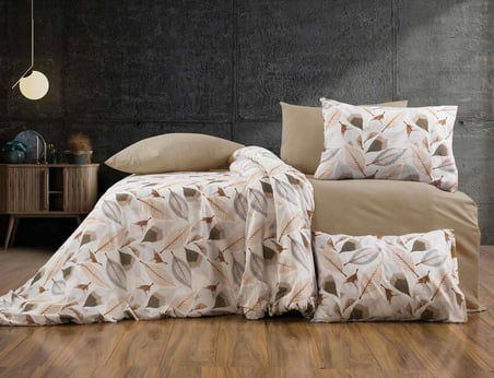 Lüks%80 Pamuklu Çift Kişilik Nevresim Takımı Seti Yorgan Kılıfı Krem Yaprak Desen 200x220 cm + Lastikli Battal Boy Çarşaf 180x200x30 cm +2 Yastık Kılıflı 50x70 cm