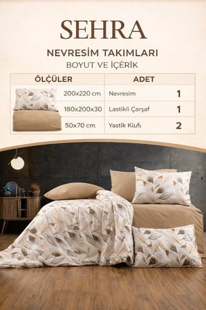 Lüks%80 Pamuklu Çift Kişilik Nevresim Takımı Seti Yorgan Kılıfı Krem Yaprak Desen 200x220 cm + Lastikli Battal Boy Çarşaf 180x200x30 cm +2 Yastık Kılıflı 50x70 cm