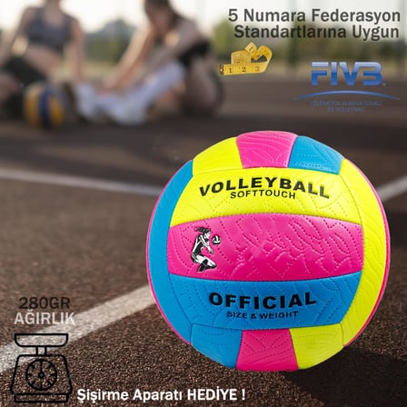 Softtouch Voleybol Topu Resmi Boyut No: 5 Premium Dikişli Çift Astarlı İç ve Dış Mekan için Maç ve Antrenman Topu (Pompa Hediyeli)