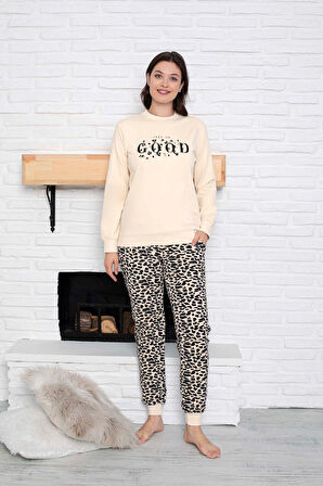 Kadın Bisiklet Yaka Bilek Manşet/Lastikli 2 İplik Pamuk Cepli Kışlık Jogger Eşofman Pijama Takımı