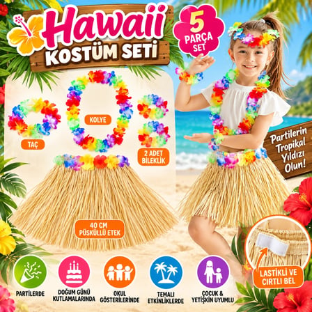 Yetişkin Çocuk Hawaii Parti Seti - 40 cm Naturel Etek + Çiçek Aksesuarlar (5 Parça)