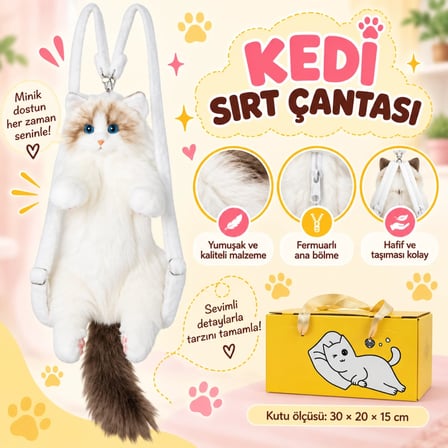 Büyük Kedi Sırt Çantası Beyaz Kahverengi