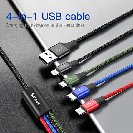 Baseus Super Şarj Çoklu Şarj Kablosu 4in1 120CM Type-C Micro 2X İphone Şarj Kablosu Akım Korumalı 