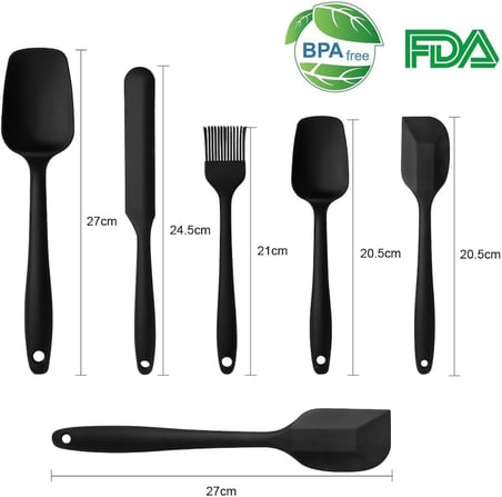 Vicloon Silikon mutfak yardımcısı, 6 adet silikon spatula, çorba kaşığı, fırın fırçası, spatula, ısıya dayanıklı ve yapışmaz, paslanmaz çelik ve dikişsiz tek parça tasarım (siyah)