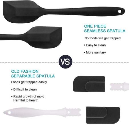 Vicloon Silikon mutfak yardımcısı, 6 adet silikon spatula, çorba kaşığı, fırın fırçası, spatula, ısıya dayanıklı ve yapışmaz, paslanmaz çelik ve dikişsiz tek parça tasarım (siyah)