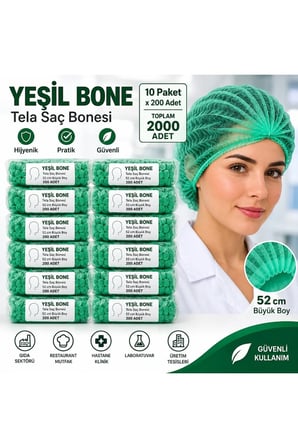 Saç Bonesi Yeşil - 2000 Adet – 10 Paket x 200 Adet – Tela - 52 cm Büyük Boy – Hijyenik Kullanım