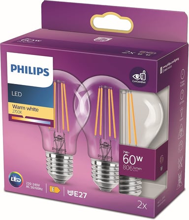 Philips LED Classic 60W A60 Filament Ampul, 2700 Sarı Işık, E27 Normal Duy, Dim Edilmez 2'li Ekopaket